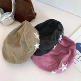 Daiiibabyyy  Women's American Retro Star Beret British Style Casual Newsboy Cap Simple Face Slimming Hat Classic Artist Flat Paperboy Cap