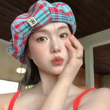 DAIIIBABYY  -  Retro Contrasting Color Plaid Berets for Women Show Face Small Spring Summer Japanese Casual Versatile Literary Painter Hats