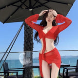 DAIIIBABYYY  -  Pure and Sexy Red Bikini Four-piece Set Split Swimsuit for Women New Long-sleeved Meat-covered Hot Spring