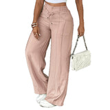 Daiiibabyyy  Women's Pants High Waist Drawstring Trousers Cropped Multi Pocket Wide Leg Pants Pink Black Straight Cut Floor Length Pants