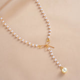 Daiiibabyyy  Sweet Pearl Tassel Bow Charm Necklace Girls Simple Temperament Clavicle Chain Daily Party Fashion Jewelry