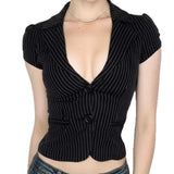 Daiiibabyyy  Sexy Deep V Neck Striped Shirt Women Black Two Button Cardigan Waist Cinched Summer Short Top Fashionable Casual Commuting Basic