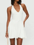 Daiiibabyyy  Women's White Halter Neck Pleated Mini Dress For Summer Street Beach Party