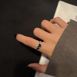 Daiiibabyyy  Vintage Black Enamel Love Heart Couple Ring for Men Women Personality Adjustable Opening Stainless Steel Ring Jewelry Accessory