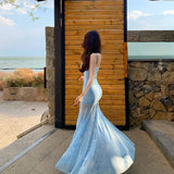 Daiiibabyyy  French Blue Floral Print Halter Dress Women Summer Beach Vacation Slimming Pure Desire Fish Tail Wrap Long Skirt Casual Gown