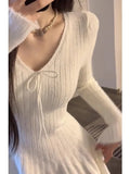 DAIIIBABYYY  -  White V-neck Knitted Dress For Women Spring Autumn Slim Fit Sweater Vestidos High Waist Hundred Fold Spicy Girl Short Dresses