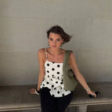 Daiiibabyyy  Women White Polka Dot Blouse Cute Sleeveless Ruffle Hem Spaghetti Strap Cami V-neck Peplum Tops Lady New Daily Casual Top