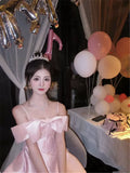 DAIIIBABYYY  -  French Celebrity Princess Girl Pink Birthday Dress Women Slash Neck Bow A Line Party Mini Dress Off Shoulder Slim Short Dress