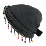 Versatile Elastic Colorful Beaded Headscarf Hijab Ethnic Style Pre-tie Head Wraps Hip-hop Dome Jacquard Pullover Cap Gifts