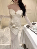 DAIIIBABYYY  -  French Fashion Off Shoulder 3d Flower Long Dress Strapless Long Sleeve Sexy Slash Neck Pencil Dress Elegant Evening Party Dress