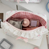 Daiiibabyyy  Korean Lace Floral Pencil Case Portable Fabric Ruffle Stationery Organizer  Aesthetic Study Pen Bag for Students Back To School