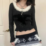 Daiiibabyyy  French Style Bow Fur Collar Knitted T-shirt Women Short Style Waist Cinching Slim Fit Slimming Spicy Girl Top