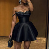 DAIIIBABYYY  -  Black Sequin Patchwork Slim A-line Dress Lady Sexy Off Shoulder Pleated Suspender Dress Casual Sleeveless High Waist Party Dress