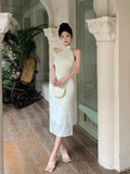 DAIIIBABYYY  -  Summer White Acetate Satin Jacquard Chic Neck-mounted Dress Women Elegant Bodycon Festival Dress 2025 Korean Fashion Party Dress