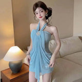 Daiiibabyyy  Pure and Unique Halter Neck Strapless Dress Nightclub Mesh Makes You Look Thin