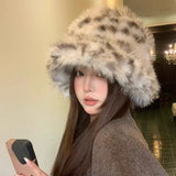 Daiiibabyyy  Korean Style Leopard Print Fuzzy Bucket Hats Warm Thickened Plush Winter Fisherman Hat Adult Unisex Animal Pattern Caps Headwear