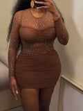 DAIIIBABYYY  -  Sexy Slim Fit Spliced Diamond Mini Dresses For Women Round Neck Long Sleev High Waist Folds Temperament Short Dress Female