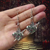 Daiiibabyyy  Gothic Retro Silver Color Sword Relief Rose Flower-shaped  Heart Pendant Dangle Earrings for Women Halloween Earrings Jewelry