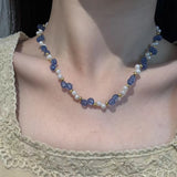 Daiiibabyyy  Fresh Blue Seed Beads Pearl Stone Clavicle Chain Summer Dopamine Beaded Necklace For Women and Girls Holiday Daily Jewelry