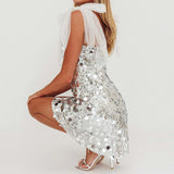 Daiiibabyyy  Shiny Sequins Sleeveless Slim Fit Women's Dress Sexy Backless Summer Mini Dresses Low Cut V Neck Mesh Suspender Club Party Dress