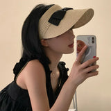DAIIIBABYYY  -  Trendy Bow Woven Hollow Top Decorative Straw Hat for Women, Summer Seaside Sun Hat, Cycling Vacation Sun Shading Hat