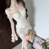 Daiiibabyyy  French Retro Slim Fit Slimming Lace Mesh Ruffle Edge Top Sweet Spicy Girl One Shoulder Pure Desire Temperament