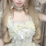 Daiiibabyyy  Fashion Cute Lolita Lace Pink Bow Pearl Tassels Necklace for Women Sweet Princess Heart Pendant Choker Cosplay Party Jewelry