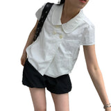 Daiiibabyyy  Women's Blouse Retro Cotton Woven White Blouses Short Sleeve Solid Color Loose Fit Shirt Button Up Puffed Sleeve Gray Top