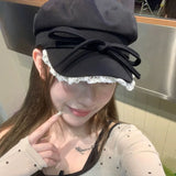 DAIIIBABYY  -  Korean Version Ins Bow Lace Edge Berets Caps for Women Spring and Summer New Versatile Show Face Small Literary Octagonal Hat