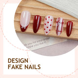 Daiiibabyyy  24pcs Valentine's Day Fake Nail Patches Red Plaid Love Heart Bowknots Designs Press On Nails Wine-red French Almond False Nail