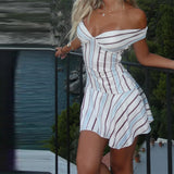 Daiiibabyyy  Women's Chic Striped Off-shoulder Mini Dress V-neck Backless Dresses Twist Front Flounce Hem Bodycon Vestidos New Summer Clothes