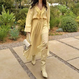 Daiiibabyyy  2025 Elegant Sexy Chiffon Summer Tops Pleated Ruffles Trim V-neck Long Sleeved Sheer Loose Shirts Blouse Holiday Streetwear