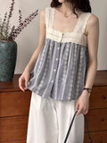 DAIIIBABYYY  -  Summer New Top Plaid Patched Lace Lace Edge Age Reducing Sleeveless Doll Shirt