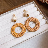 Daiiibabyyy  Vintage Brown Round Rattan Weave Earrings For Women Exaggerated Large Circle Geometric Earrings Jewelry Accessories
