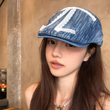 DAIIIBABYYY  -  Personalized Lace Bow Design Washed Denim Forward Hats Women Spring Summer Travel Fashion Versatile Sun Protection Retro Berets