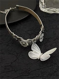 Daiiibabyyy Vintage Necklace Classic Short Exaggerated Leather Rope Silver Color Flowers and Butterfly Pendant Choker Goth Jewelry for Women