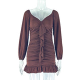 DAIIIBABYYY  -  Solid Sexy Temperament Spliced Fold Mini Dress V Neck Long Sleeves High Waist Slimming Elegant Dresses Female Fashion New