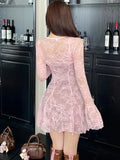 DAIIIBABYYY  -  Spring Autumn Pink Lace Chic Bow Square Collar Sexy Mini Dress Women Long Sleeve Bodycon Ruffled Dress 2025 Korean Fashion Dress