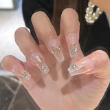 Daiiibabyyy 24Pcs Yellow French Fake Nails Long Coffin False Nails with Rhinestones Detachable Ballerina Full Cover Nail Tips Press on Nails