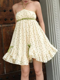 Daiiibabyyy  Summer French Prairie Chic Slash Neck Lace-up Polka Dot Print Bow Backless Short Dresses