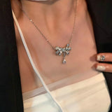 DAIIIBABYYY  -  Fairy Pink Crystal Bow Knot Pendant Necklaces Y2K Girls Sweet Rhinestone Heart Clavicle Chain for Women Fashion Jewelry Gifts