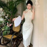 DAIIIBABYYY  -  Summer White Acetate Satin Jacquard Chic Neck-mounted Dress Women Elegant Bodycon Festival Dress 2025 Korean Fashion Party Dress