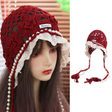 Daiiibabyyy  Sweet Pearl Tassels Crochet Flower Knitted Hat Bohemian Style Thin Knit Cap Korean Handmade Ethnic Style Hat Outdoor