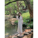 DAIIIBABYYY  -  Improved Modern White Halterneck Floral Embroidery Sleeveless Cheongsam Dress with Jacket Women's Autumn Chinese Party Dresses