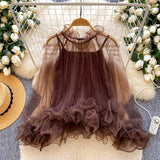 Daiiibabyyy  New Korean 2 Piece Sets See Through Ruffled Cropped Blouse + Sexy Solid Vest Suit Roupas Femme Fashion Solid Color Y2k Outfits