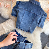 Daiiibabyyy  American Retro Denim Sets for Women Polo Collar Hollow Out Tops+High Waist Bandage Hot Shorts Girls Two-piece Set