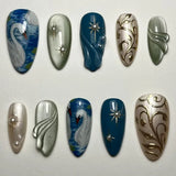 Daiiibabyyy  24pcs Wearable Press on Nails Sets Blue Mid-length Almond False Nail with Leaves Pearl Starlight Design Fake Nail Tips Manicure