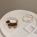 Daiiibabyyy  Sausage Dog Pearl Ring Girl Cartoon Cute Luxury High-end Index Finger Ring Niche Funny Creative Stacking Jewelry Accessories
