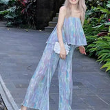 DAIIIBABYYY  -  New Lady Dream Mermaid Sweet Colour Floral Sling Vest Pleated Trousers Office Lady Comfortable Loose Refreshing Two Piece Set