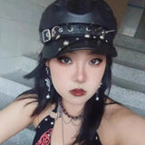 Daiiibabyyy  Harajuku PU Leather Rivet Punk Cap Dark Retro Beret Hat Gothic Spike Cap Black Lolita Cool Painter Hat Mens Women